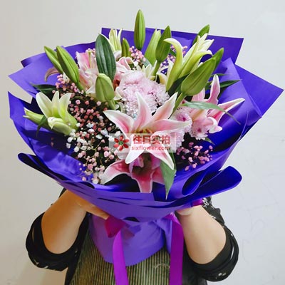 西双版纳6支粉色多头百合，真诚的问候